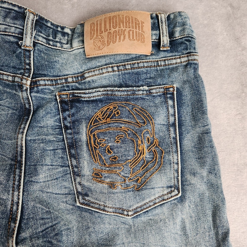 Billionaire Boys Club BBC Running Dog Embroidered Denim Jeans Blue Distressed 36